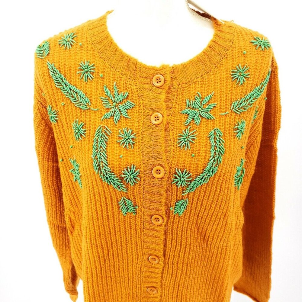PEPALOVES Beaded Oversized Cardigan Sweater Yellow Mustard Green XS S M